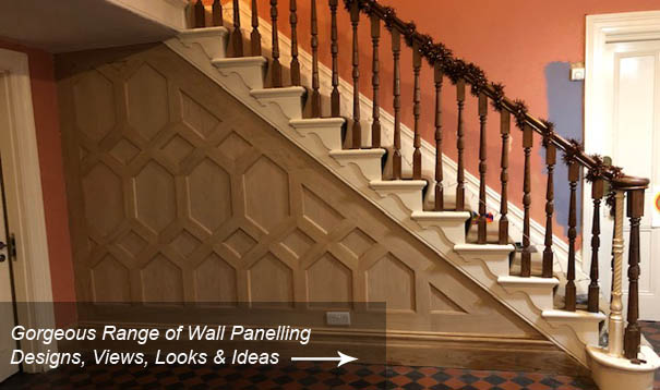 intricate oak panelling understairs made in Britain by wall panelling experts for home in  Melton Mowbray oak panelling