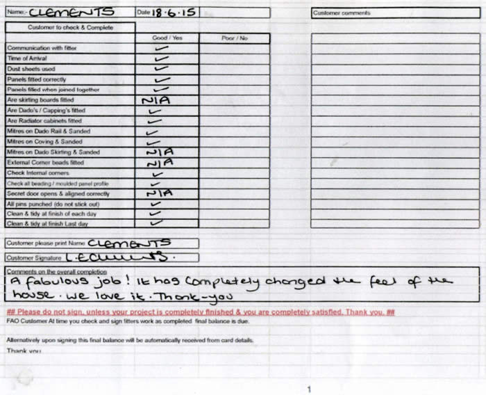 wall panelling customer service feedback